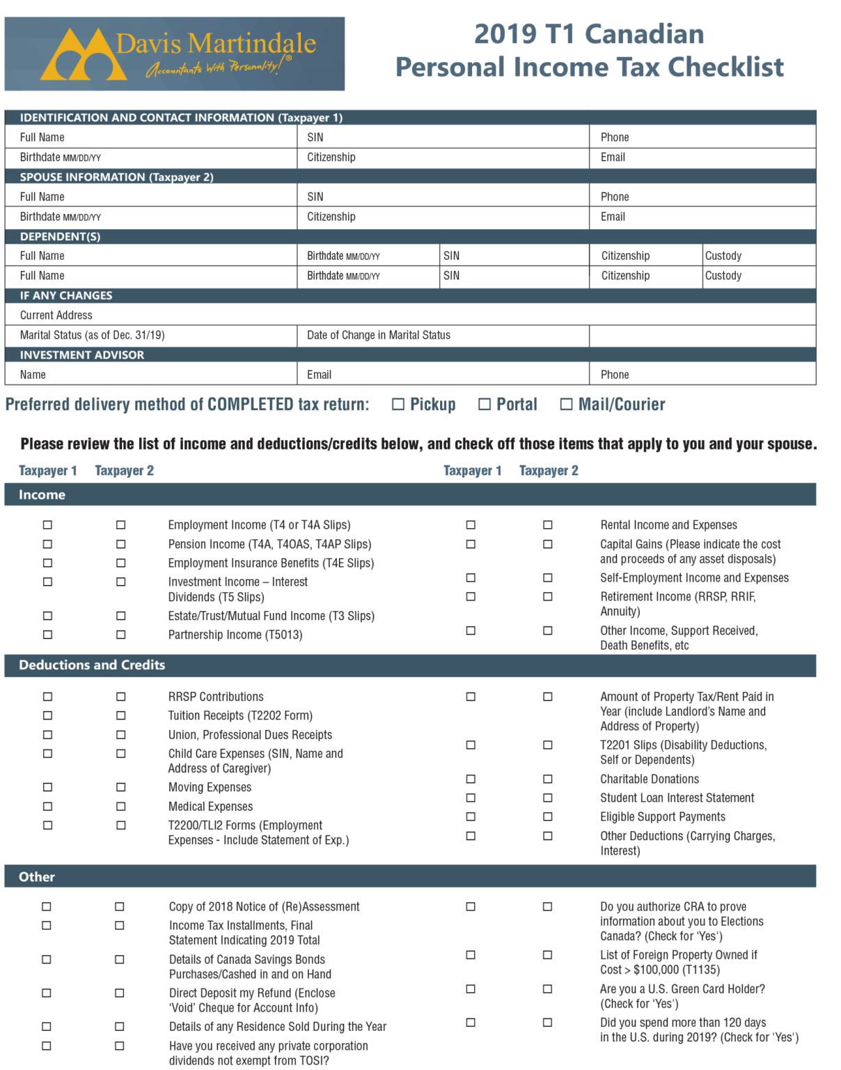 2019 Canadian Personal Tax Checklist Davis Martindale