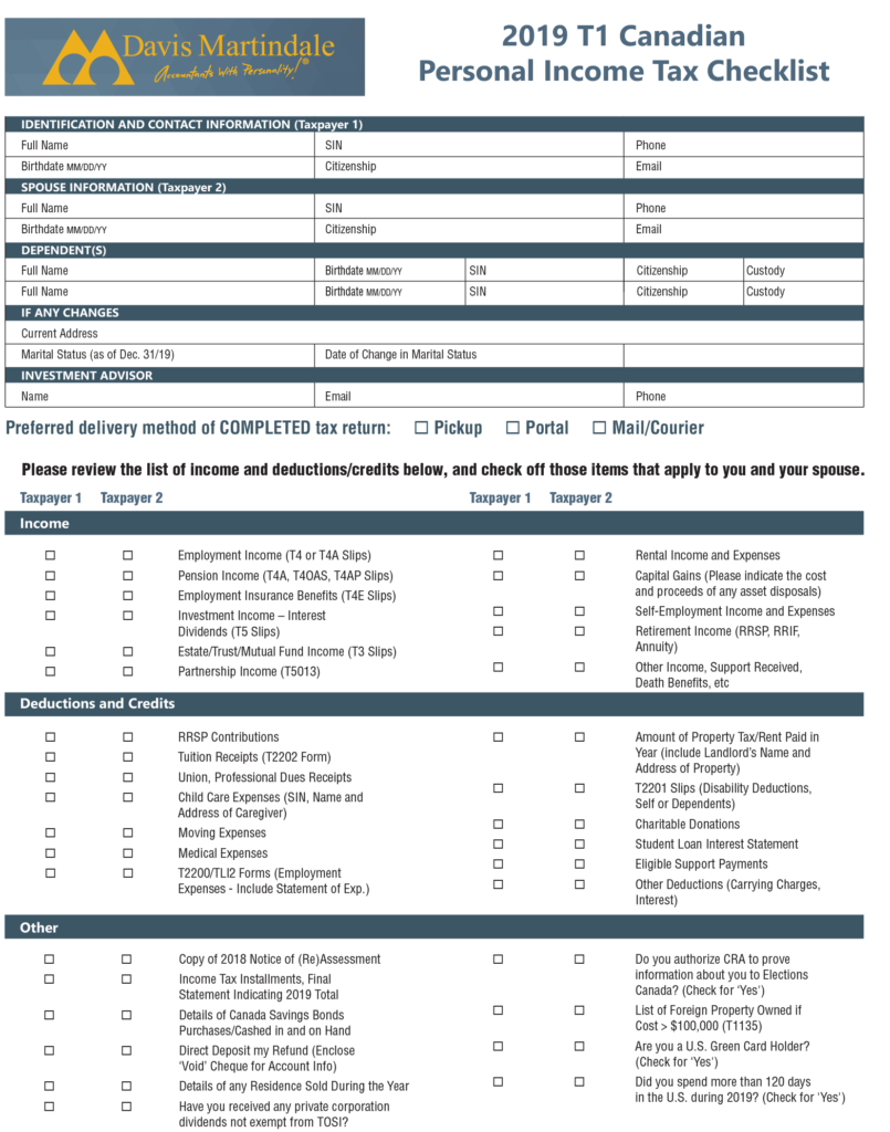 2019 T1 Canadian Personal Income Tax Checklist