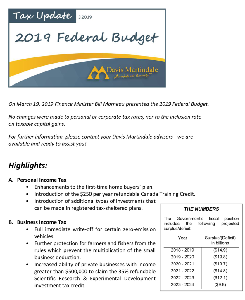 2019 Federal Budget | Davis Martindale Tax Update