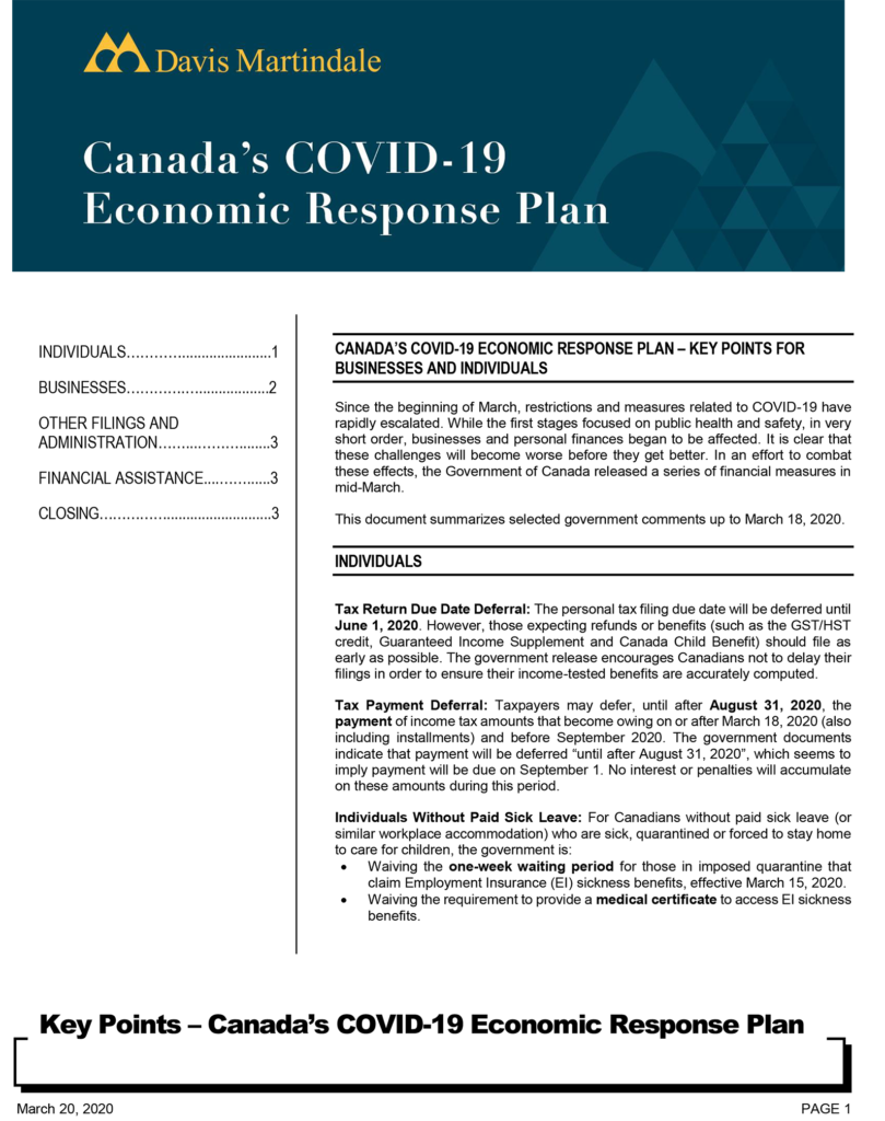 Canadaâ€™s COVID-19 Economic Response Plan | Davis Martindale