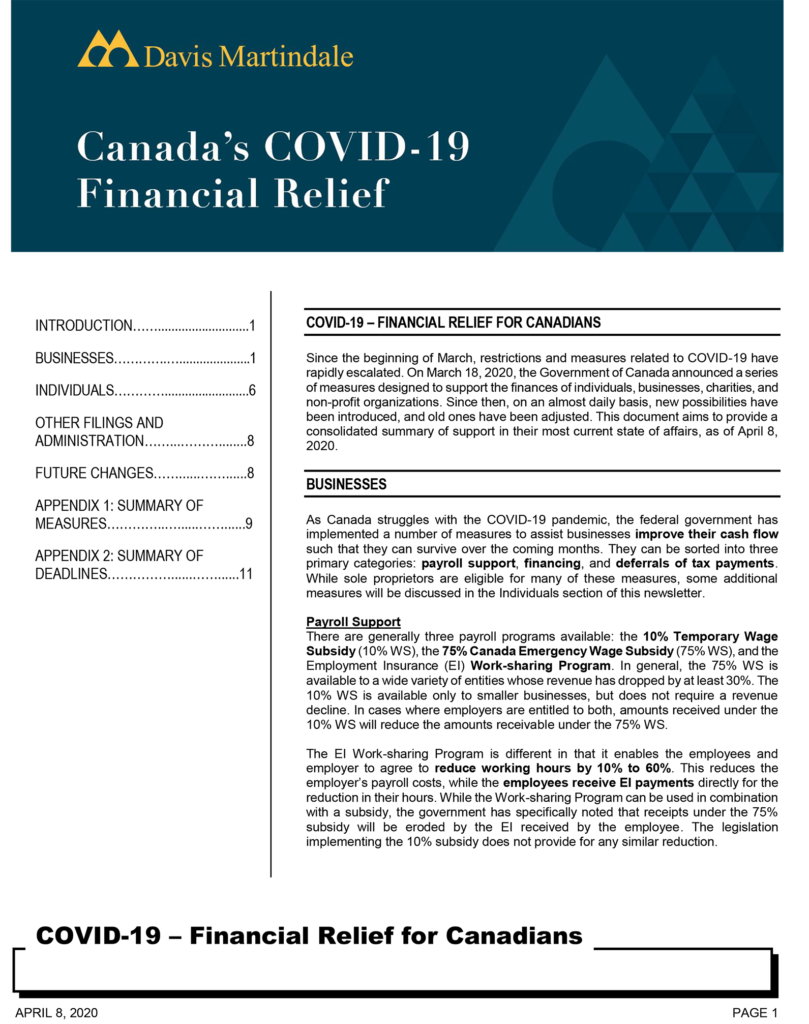 Canadaâ€™s COVID-19 Financial Relief | Davis Martindale Summary