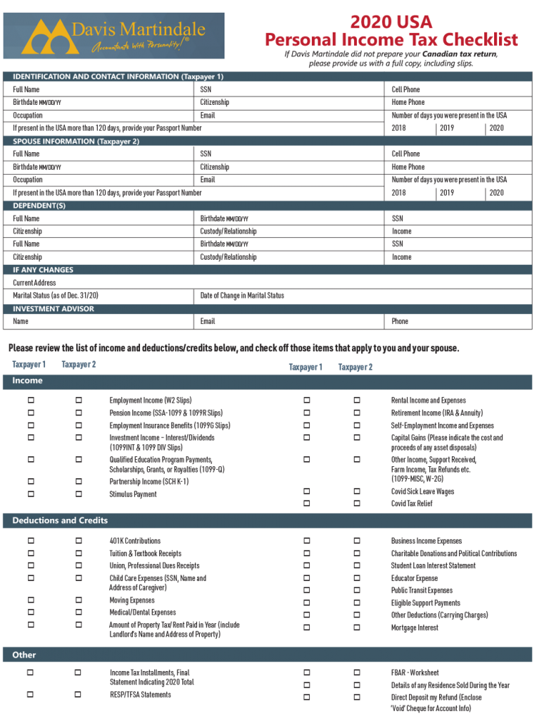 2020 USA Personal Income Tax Checklist | Davis Martindale