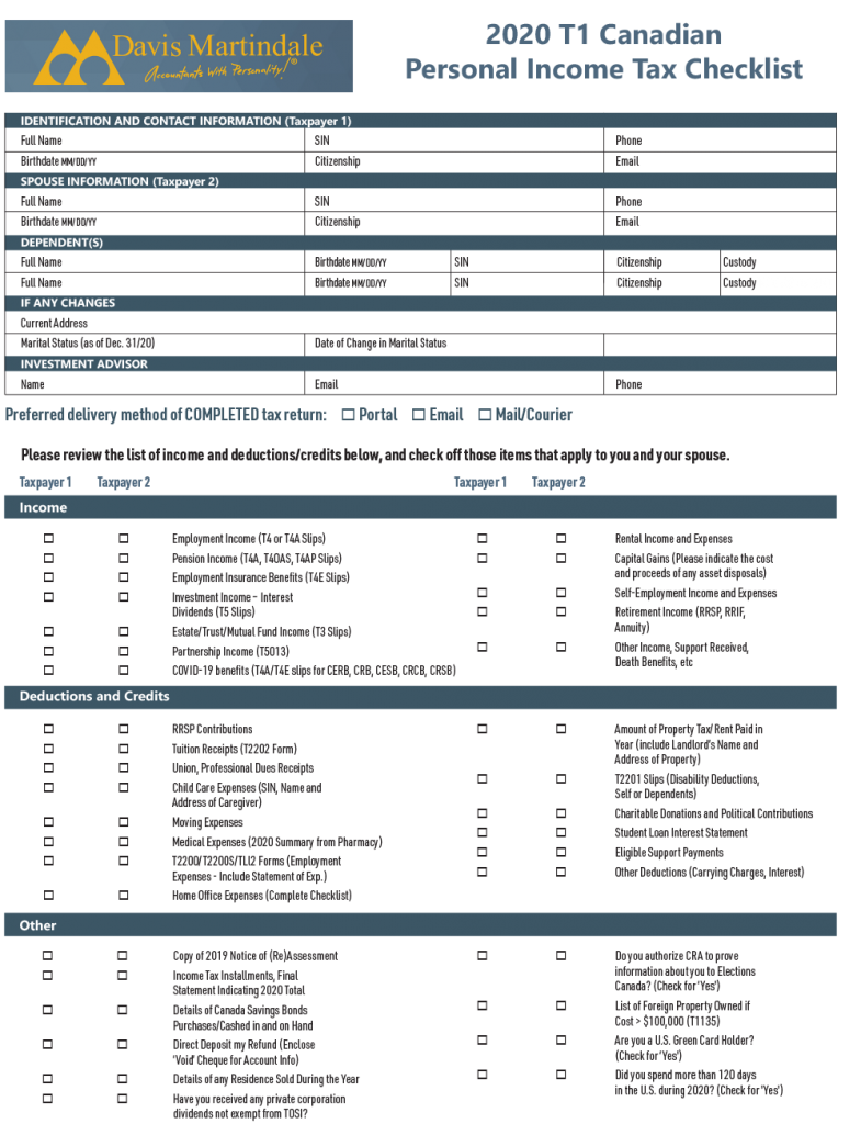 2020 T1 Canadian Personal Income Tax Checklist | Davis Martindale