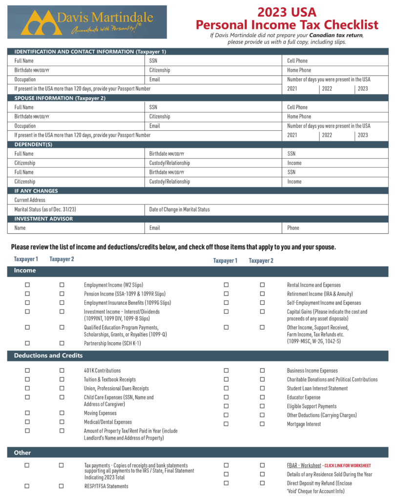 2023 US Personal Tax Checklist - Davis Martindale Tax Resources