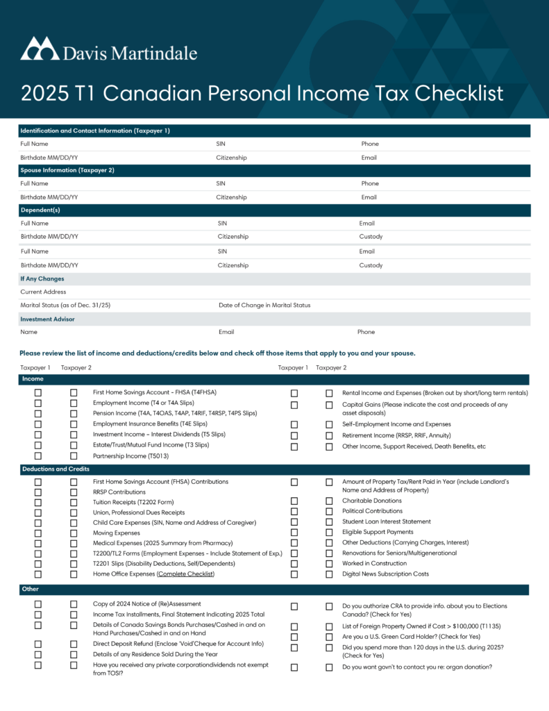 Davis Martindale - 2025 Canadian T1 Personal Tax Checklist